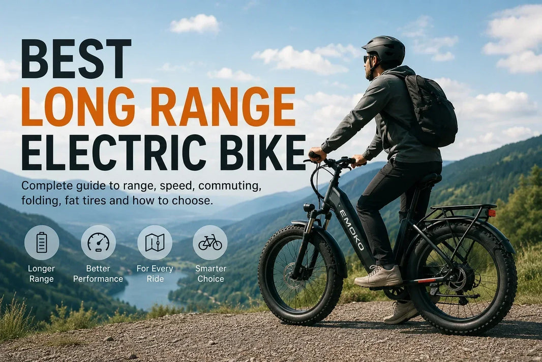 Long-range electric bike rider overlooking a mountain landscape for a best long range electric bike buying guide