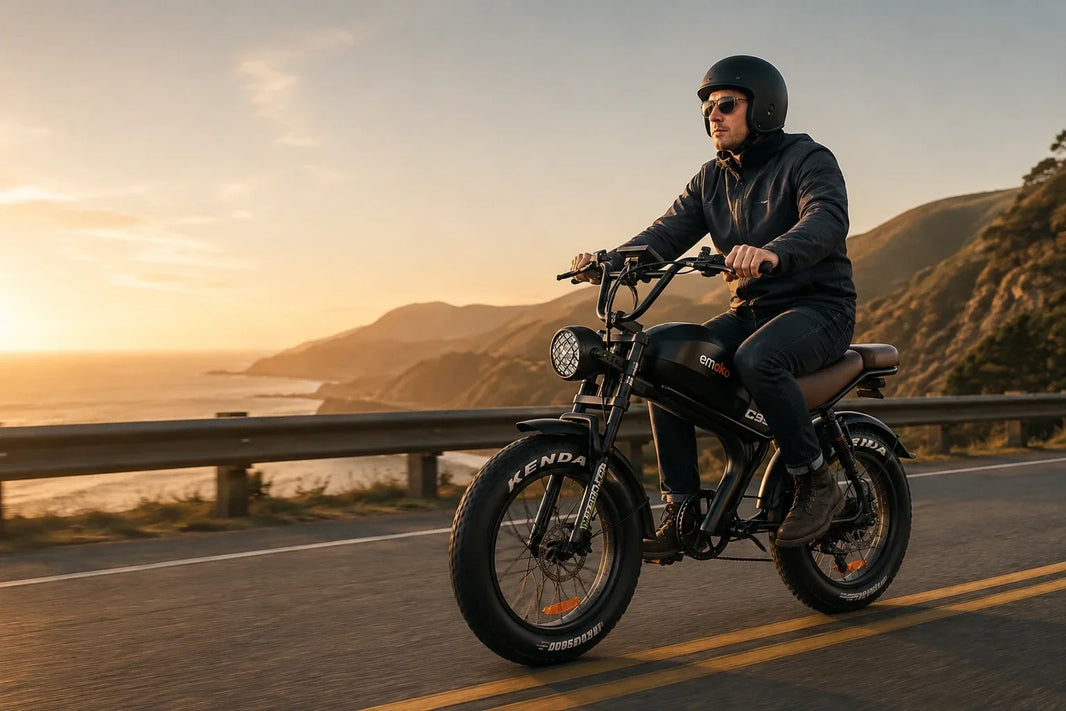 Rider on an EMOKO C93 long-range electric bike riding along a coastal road at sunset.