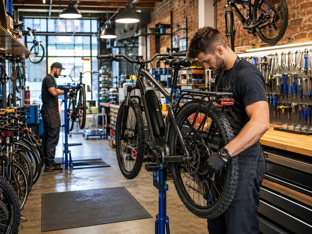 Electric bike repair workshop with mechanics servicing e-bikes on repair stands