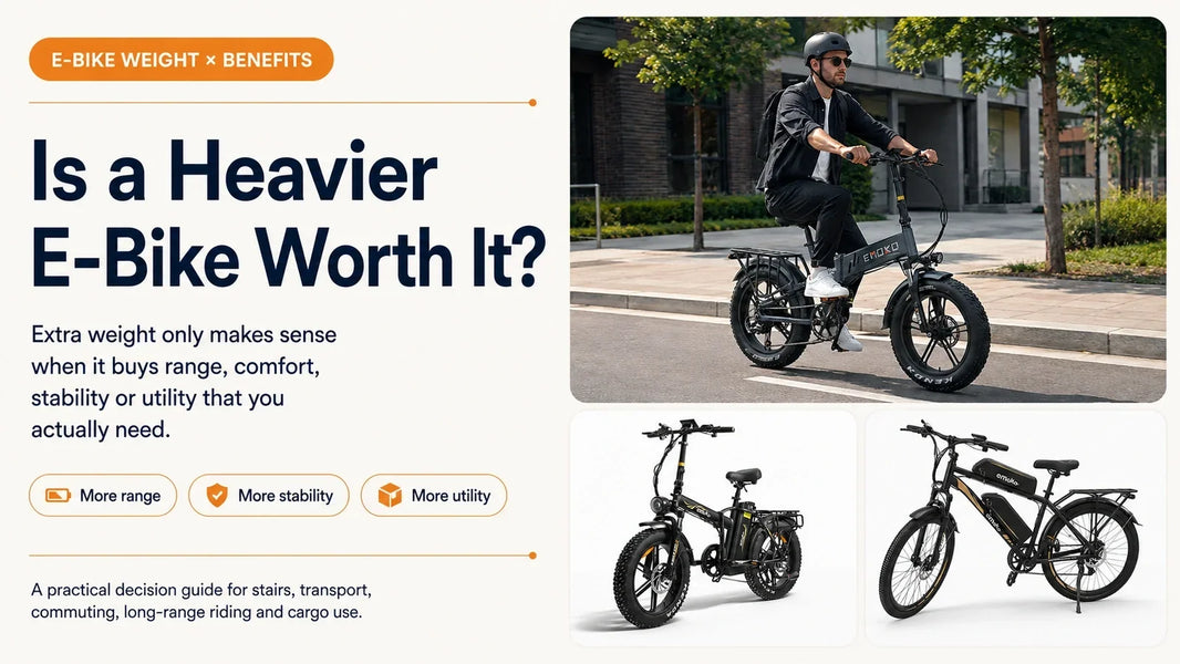 Is a heavier e-bike worth it, showing an EMOKO riding scene with C94 and EC27 examples for range, stability and utility.