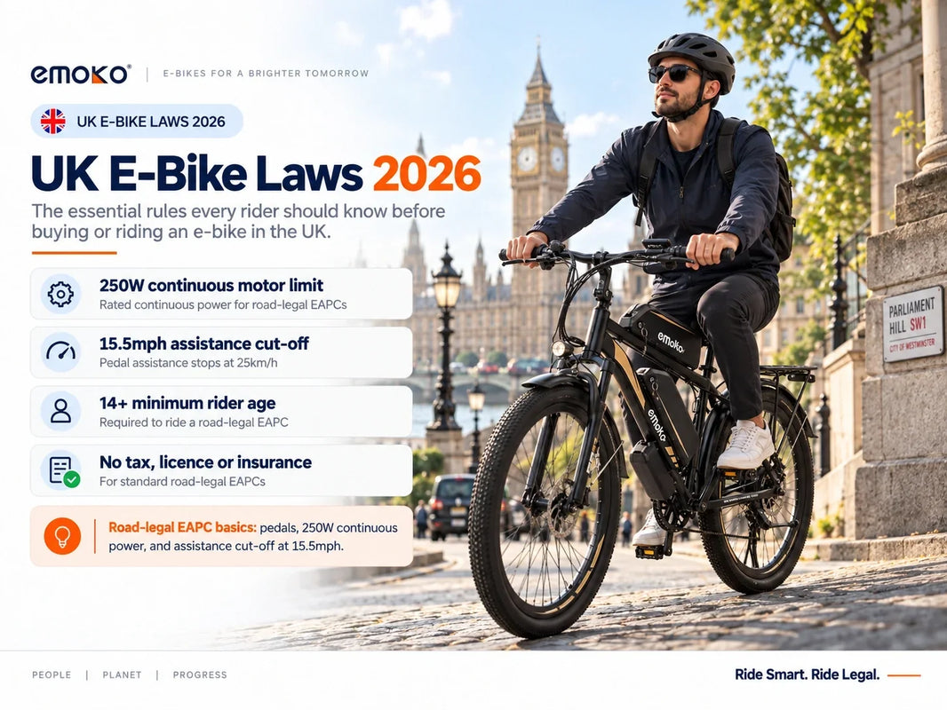UK e-bike laws 2026 guide with an EMOKO e-bike in London and the core 250W, 15.5mph and age 14+ EAPC rules