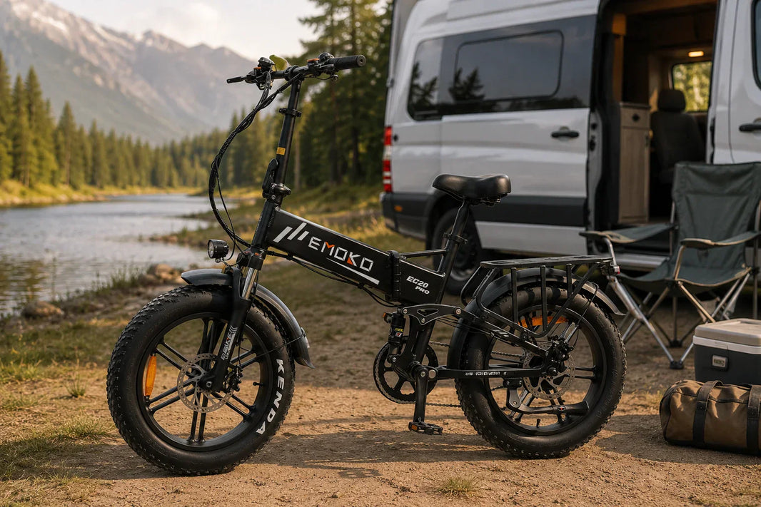 EMOKO EC20 folding electric bike parked beside a camper van at a lakeside campsite for a weekend camping trip