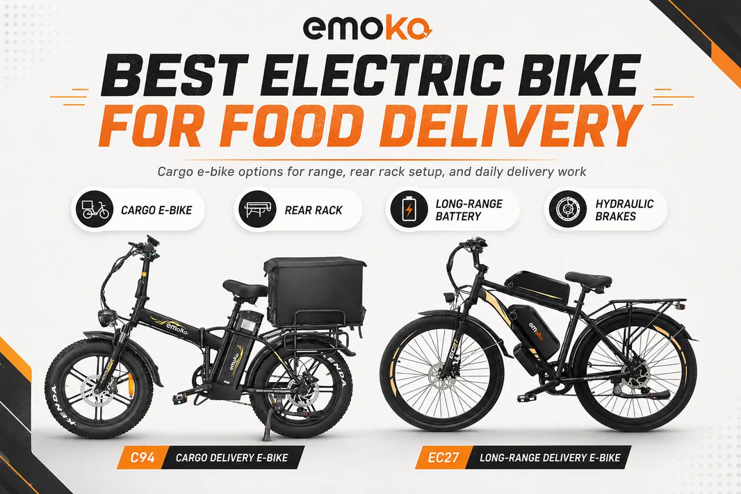 EMOKO C94 and EC27 electric bikes for food delivery with rear racks, long-range battery setups, and hydraulic brakes