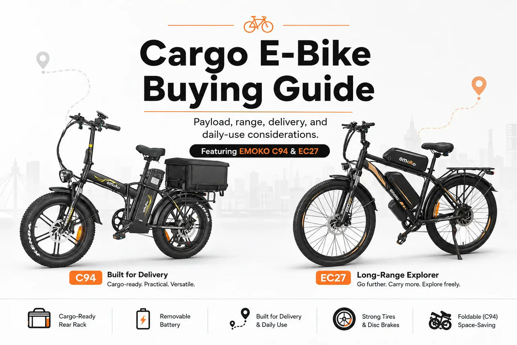 EMOKO C94 and EC27 cargo e-bikes featured in a cargo e-bike buying guide covering payload, range, delivery, and daily use