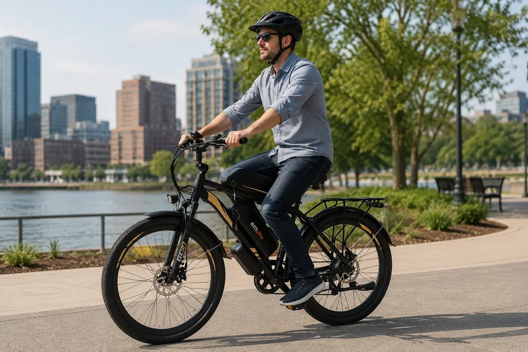Rider on an EMOKO dual-battery electric bike in an e-bike classes guide