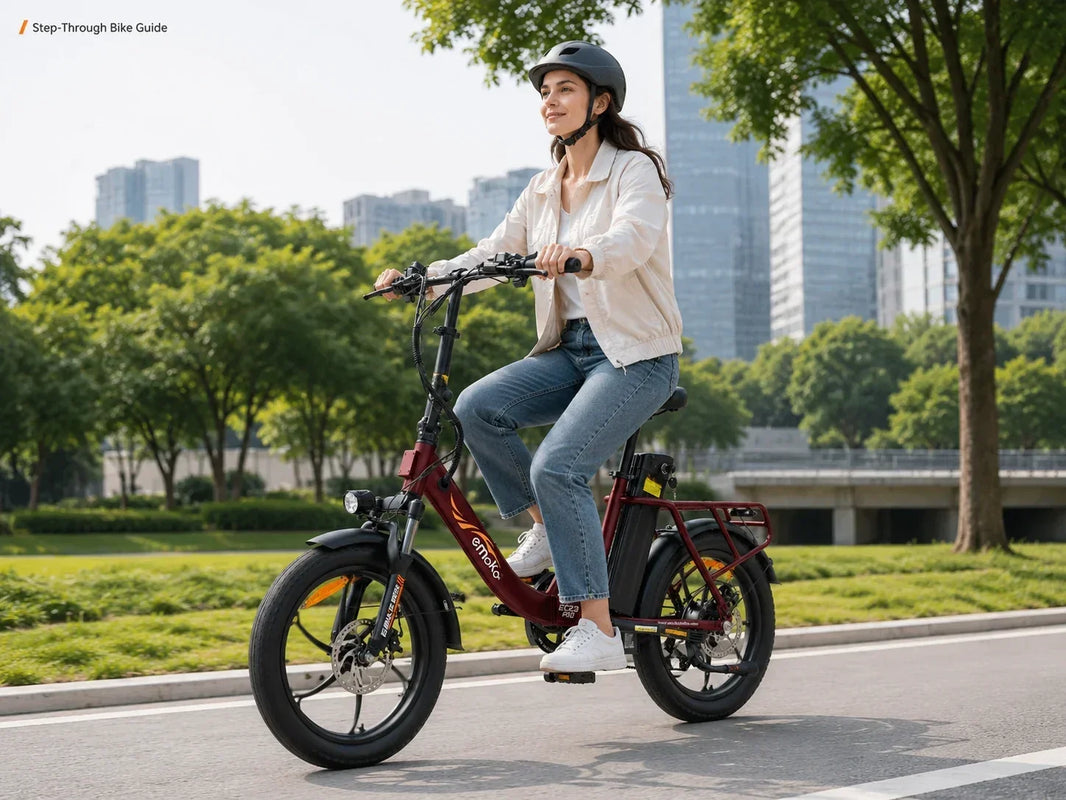 Woman riding an EMOKO EC23 Pro step-through electric bike in a city commuting environment
