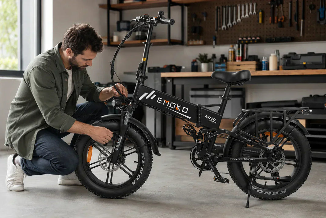 Beginner inspecting the tire, brake, and front assembly of an EMOKO EC20 folding electric bike in a clean home workshop
