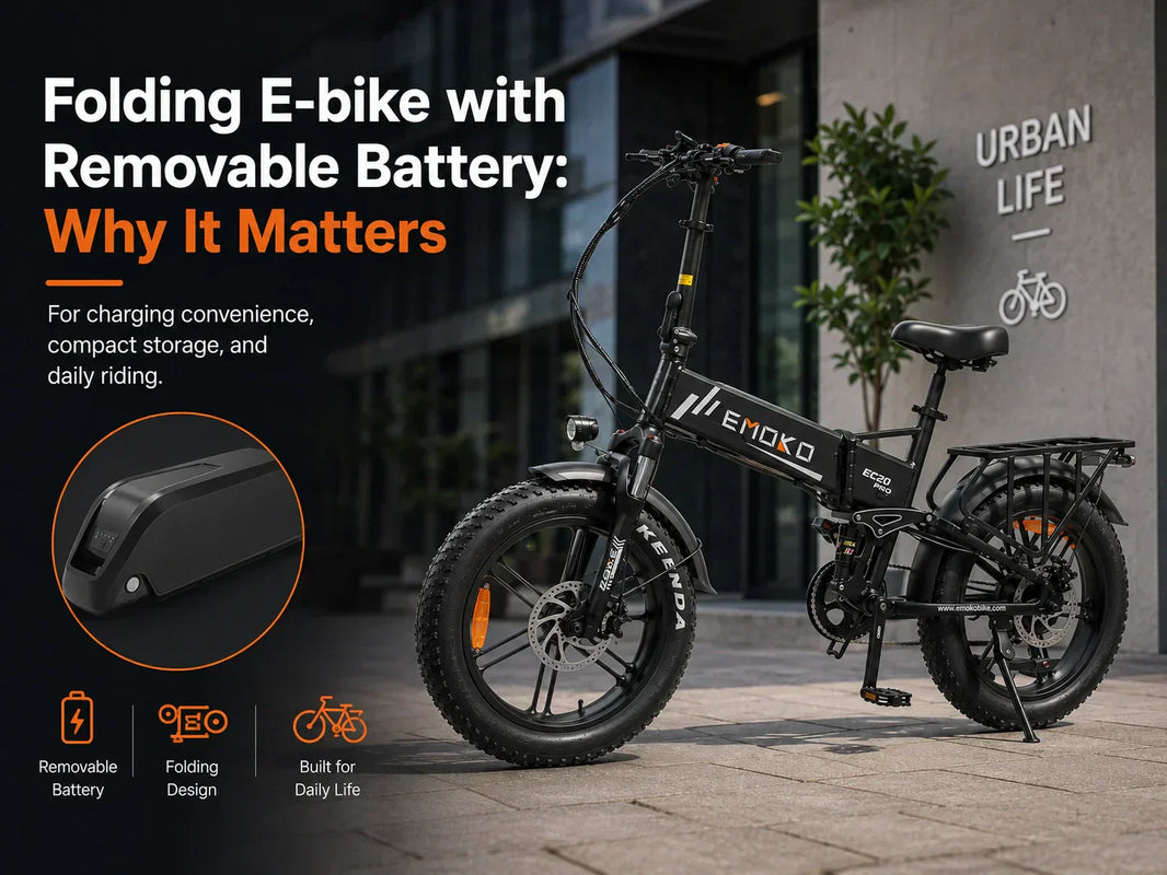 EMOKO EC20 folding e-bike with removable battery shown in an urban setting for a charging and storage guide.