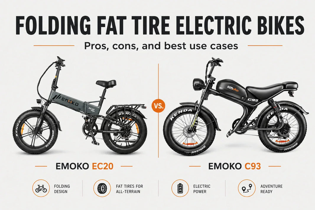 EMOKO EC20 and C93 fat tire electric bikes shown side by side for a folding fat tire electric bike guide. Caption: EC20 focuses on foldable storage and commuter use, while C93 offers a larger moped-style fat tire ride.