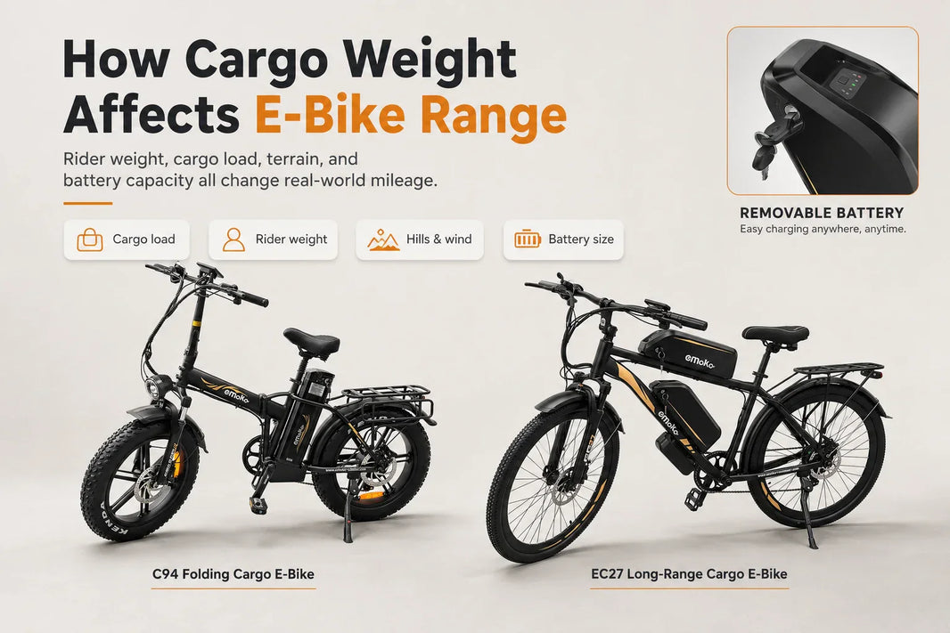 EMOKO C94 and EC27 cargo e-bikes showing how cargo load, rider weight, hills, wind, and battery capacity affect real-world e-bike range.