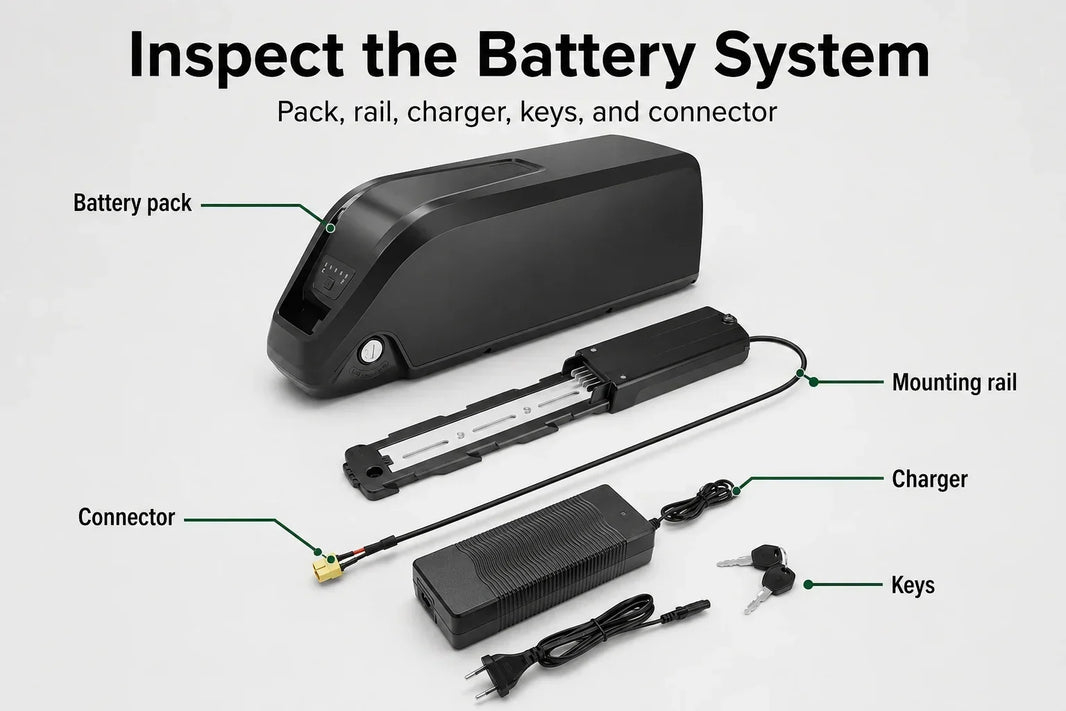 E-bike battery system inspection showing the battery pack, mounting rail, charger, keys, and connector.
