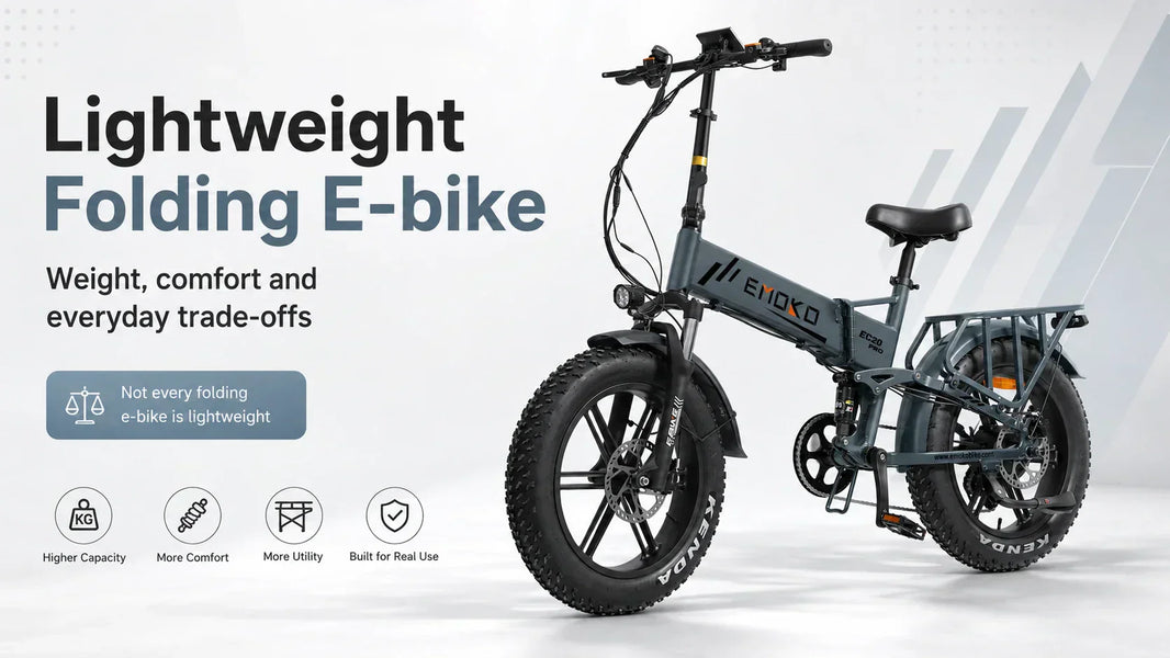 EMOKO EC20 comfort-focused folding e-bike beside text explaining weight, comfort, and everyday trade-offs