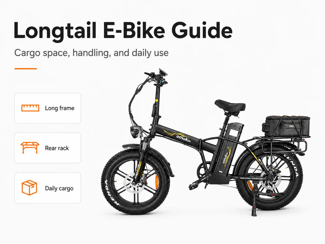 EMOKO C94 longtail e-bike with an extended rear rack and compact daily cargo bag