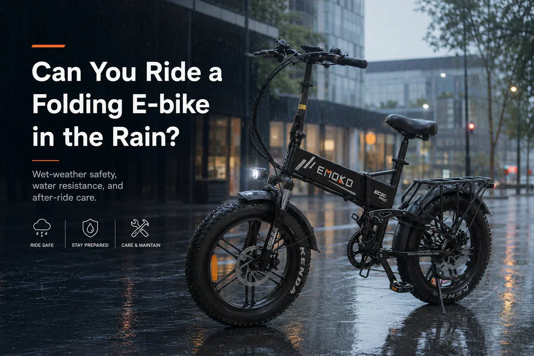 EMOKO EC20 folding e-bike parked on a rainy urban street with wet-weather safety, water resistance, and after-ride care messaging.