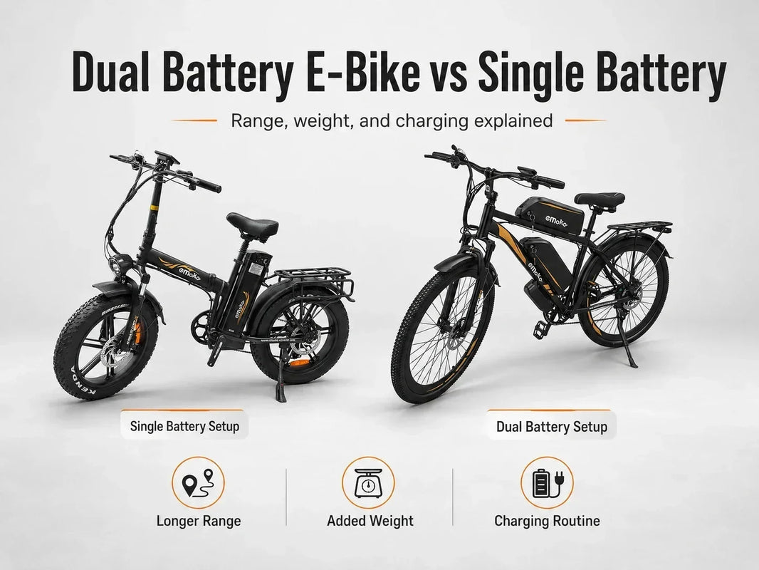 EMOKO C94 single-battery cargo e-bike beside an EC27 dual-battery e-bike for comparing range, weight, and charging routines.