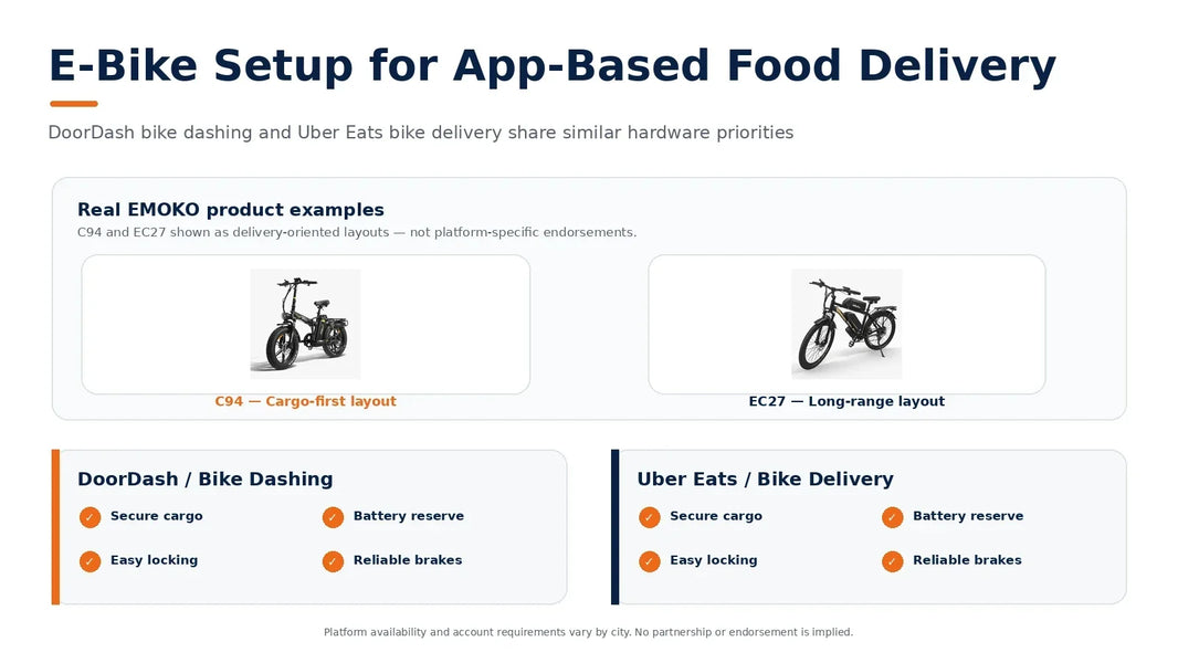 DoorDash bike dashing and Uber Eats bike delivery setup guide with real EMOKO C94 and EC27 product photos.