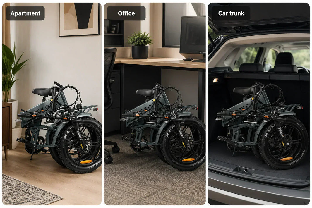 Folded EMOKO EC20 20-inch fat tire folding e-bike shown in apartment, office, and car trunk storage scenarios.