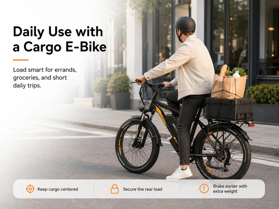 Rider carrying groceries on a cargo e-bike with the rear load centered and secured for safer daily riding.