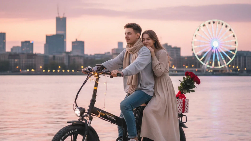 A romantic couple riding an Emoko electric bike together at sunset near a waterfront, with a Ferris wheel and city skyline in the background.