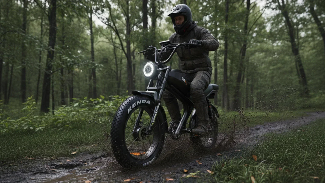 Rider testing Emoko C93 Dual Motor electric bike on a muddy forest trail, demonstrating AWD traction and stability.