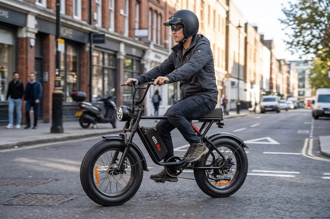 A man wearing a helmet riding the EMOKO C91 black moped-style e-bike on a city street, showcasing urban commuting lifestyle.
