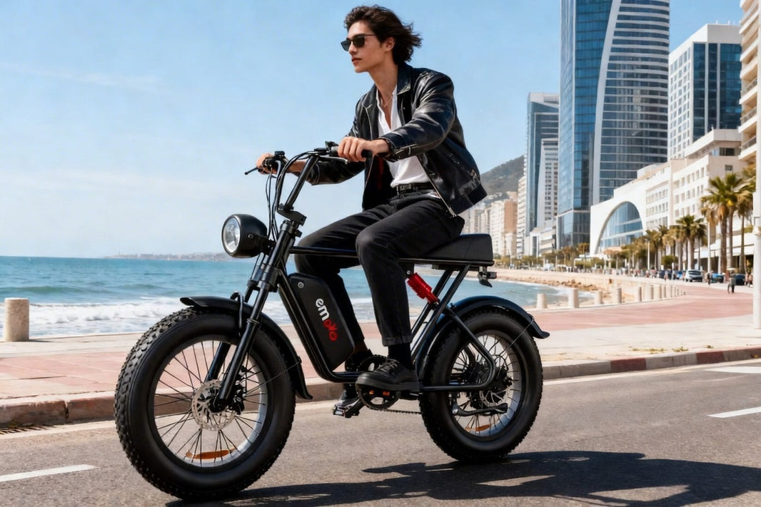 Close-up of dual motor hubs and hydraulic disc brakes for steep descents on an Emoko C91 e-bike.