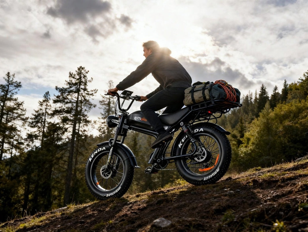 Emoko C93 Dual Motor heavy duty electric bike carrying heavy outdoor gear on a steep mountain trail with all-wheel drive traction.