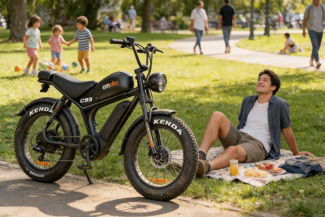 A customer enjoys a relaxing picnic next to their 2000W Emoko C93, a classic moped styled bike, in a sun-drenched park, showcasing its versatility for both heavy-duty off-road use and comfortable daily leisure.
