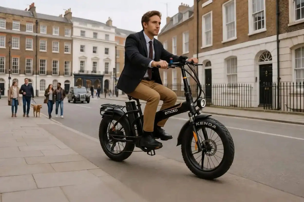 A UK-compliant electric bike parked in a London street, representing UK e-bike laws 2026 and EAPC regulations.