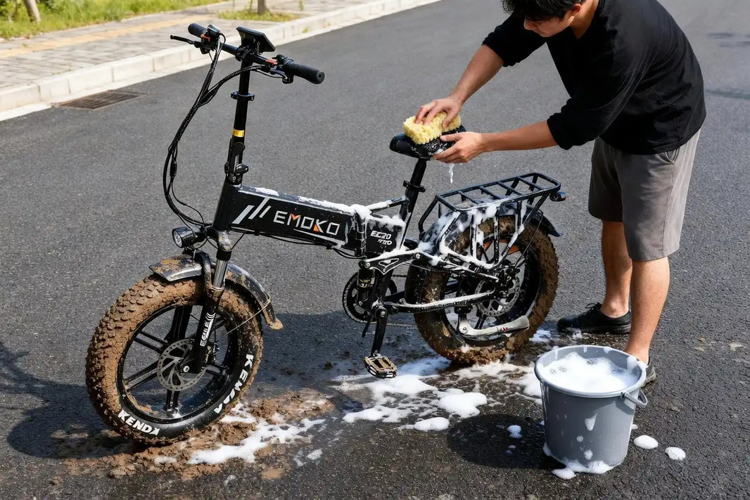 Professional electric bicycle repair and maintenance setup featuring chain lubrication and cleaning fat tire ebike tools.