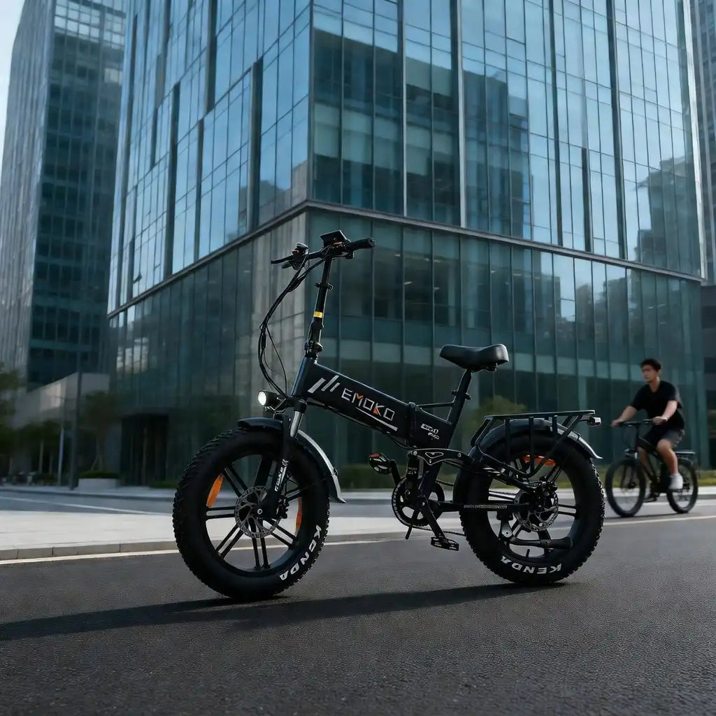 Technical side view of Emoko EC20 showing fat tire vs thin tire ebike differences and hydraulic disc brakes for city performance.
