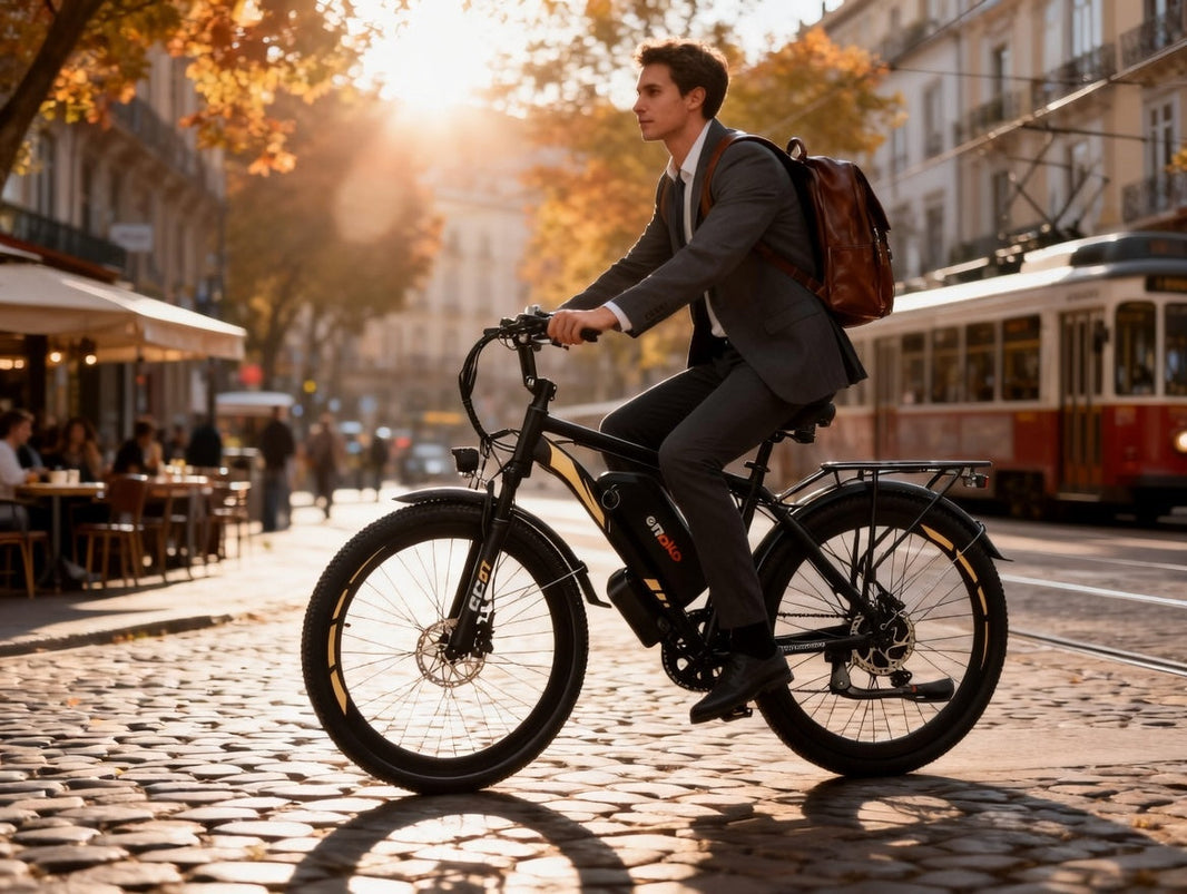 A stylish young professional riding a modern [Insert Your Bike Type] on a cobblestone street in a European city, featuring a leather backpack and soft morning sunlight with autumn trees and a blurred cafe background.