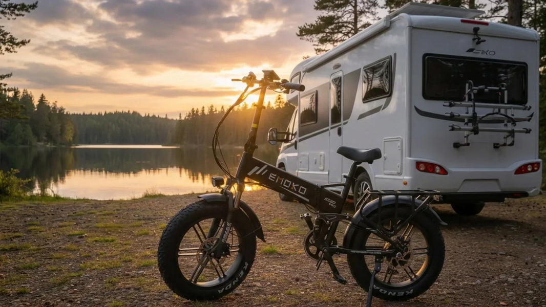 Emoko EC20 folding fat tire electric bike parked in front of a modern RV motorhome at a scenic lakeside during sunset, showcasing portability for travel.