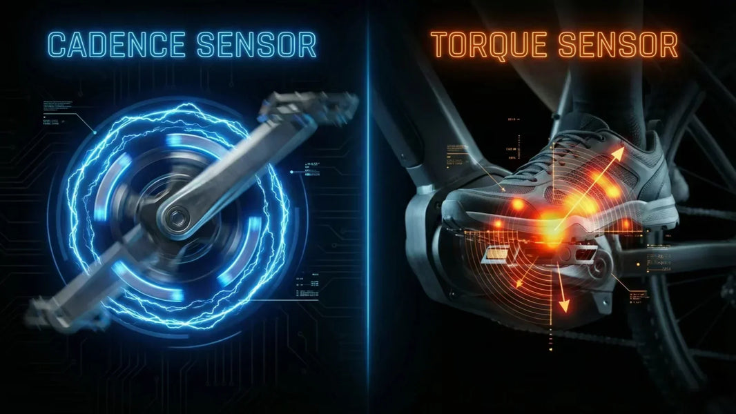 Illustration comparing e-bike sensor technologies: Blue graphic showing Cadence Sensor crank rotation vs. Orange graphic showing Torque Sensor pedal pressure.