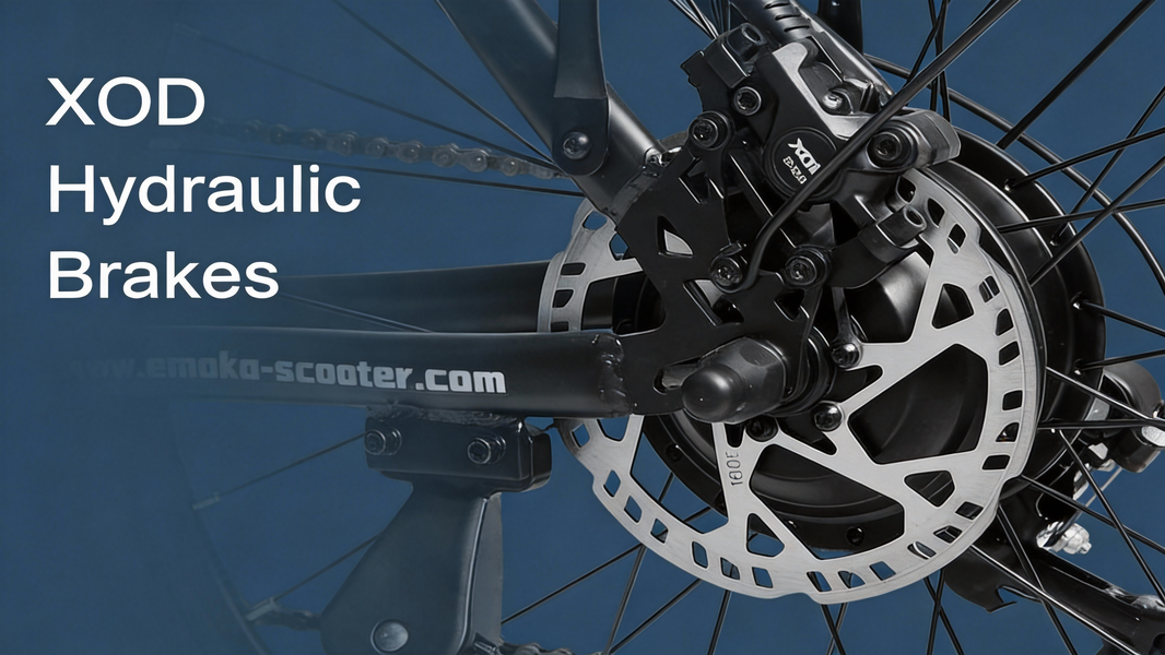 Close-up of XOD hydraulic disc brake caliper on Emoko electric bike wheel, ensuring high-performance stopping power.