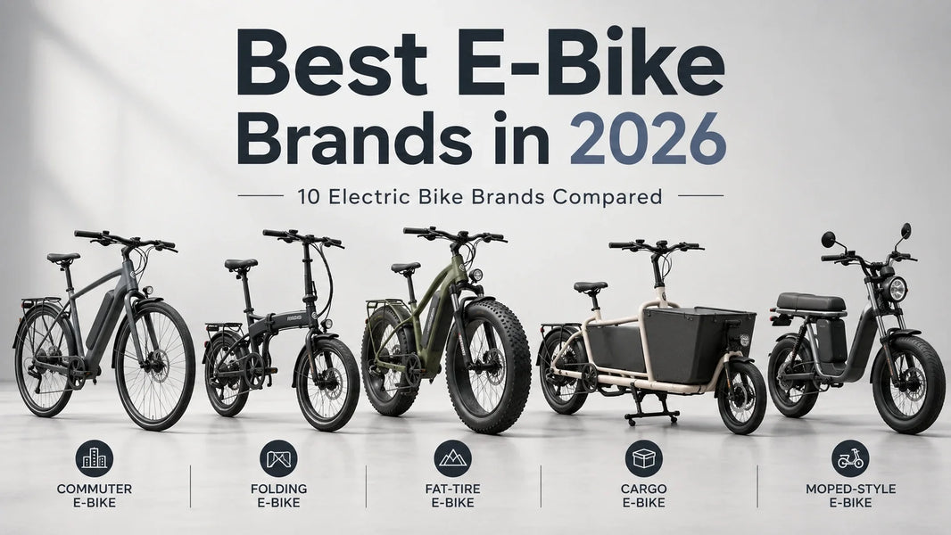 Best e-bike brands in 2026 comparison featuring commuter, folding, fat-tire, cargo and moped-style electric bikes.