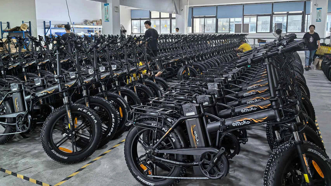 Emoko warehouse fully stocked with C93 and C94 fat tire electric bikes, ready for immediate spring shipping.