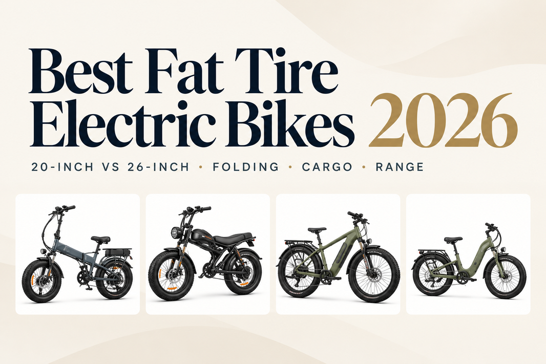 Best Fat Tire Electric Bikes 2026 editorial illustrated cover with four e-bike styles