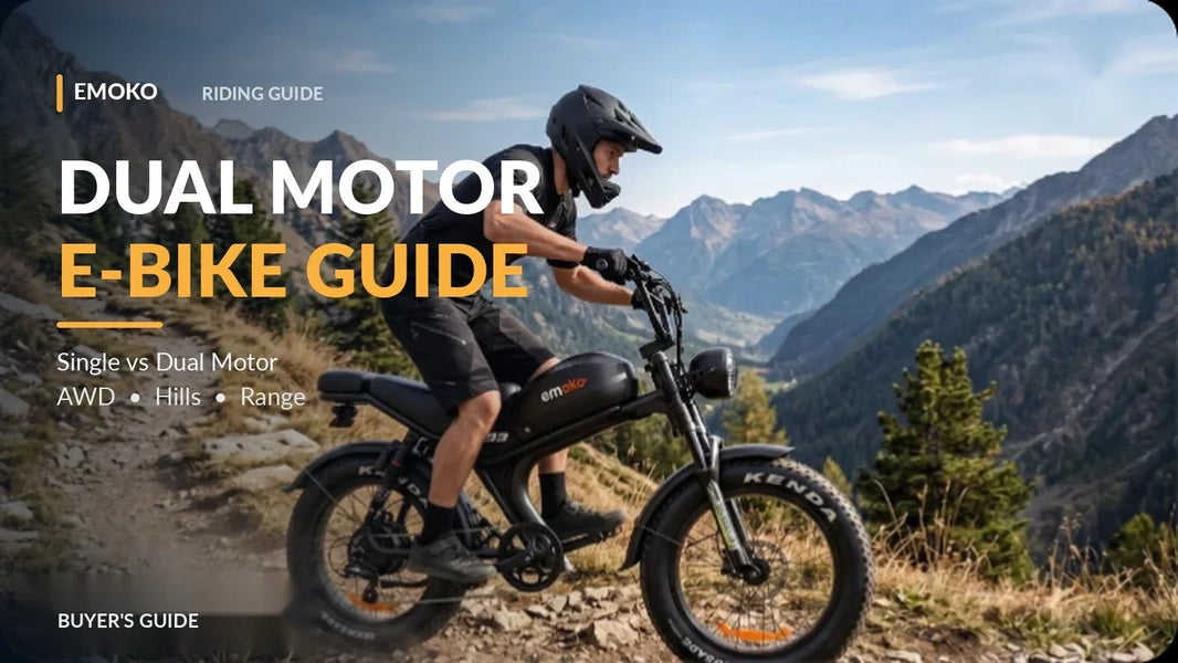 EMOKO rider on a mountain trail — Dual Motor E-Bike Guide, single vs dual motor, AWD, hills and range