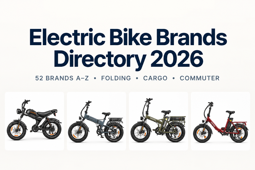 Electric Bike Brands Directory 2026 editorial illustrated cover with four electric bicycles