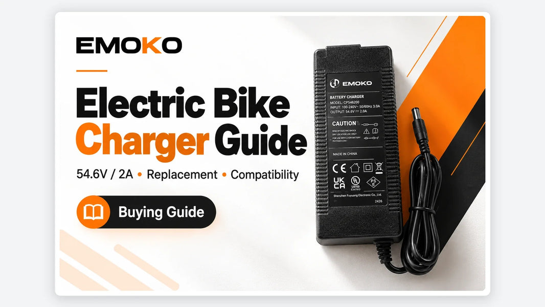EMOKO electric bike charger buying guide illustrated cover: charger, replacement and compatibility