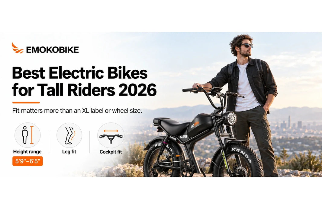Best electric bikes for tall riders 2026 homepage cover featuring tall-rider fit guidance and the EMOKO C93 24-inch.