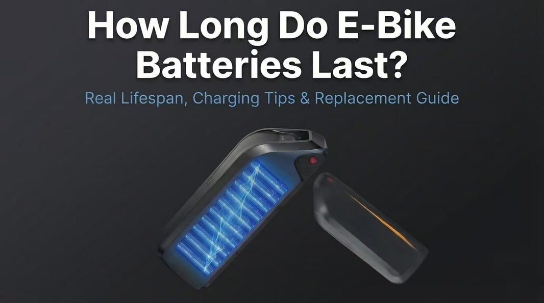 Illustration showing an e-bike battery with visible lithium cells and text explaining how long e-bike batteries last