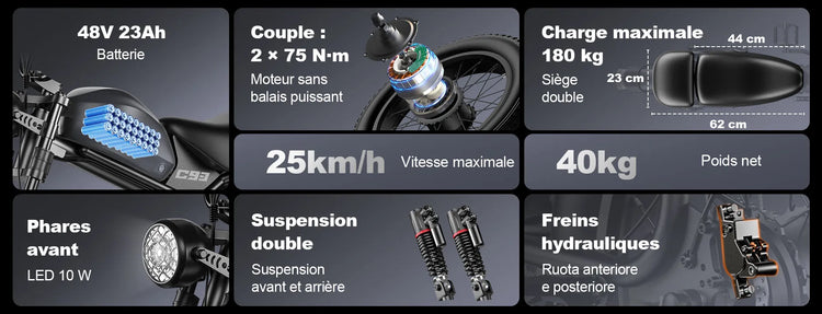 Vue latérale du vélo électrique style cyclomoteur Emoko C93 sur fond uni